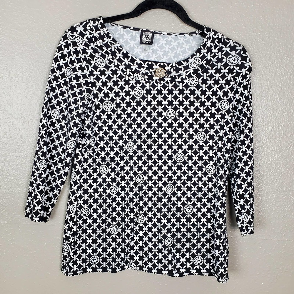Anne Klein Black/White 3/4 Sleeve Scoop Neck Stretchy Cotton Top S Office Casual
